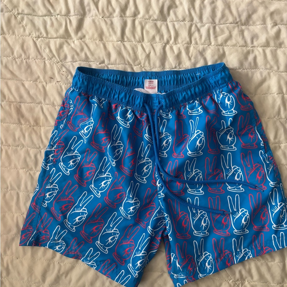 Blue and Red Swim Trunks with Elastic Waistband